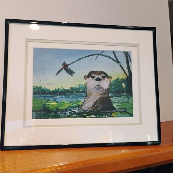 Beth Erlund Johnson Otter Art Print Signed Numbered Pond Scene w/Dragonfly - Picture 7 of 13